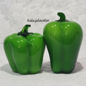 Set of 2 Murano Style Art Glass Green Bell Peppers Hand Blown Glass Decor